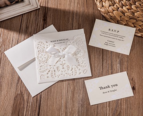 wishmade weiß Laser Cut & geprägt Einladungen Kit mit Schleife mit Antwortkarten Thank You Karte für Hochzeit Party Geburtstag Anlass cw6112 - 3