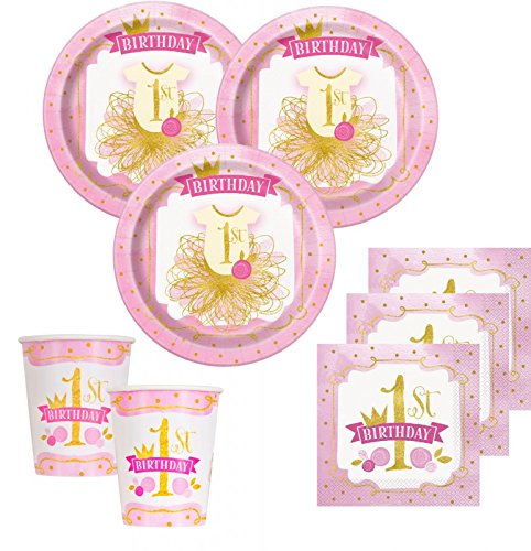KPW 48 Piezas Primer Cumpleaños Rosa y Oro Party Decoración Set 16 Personas