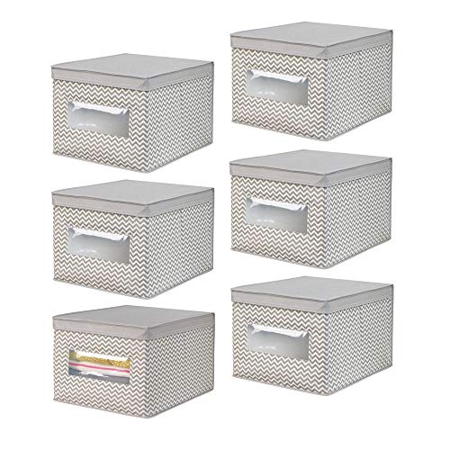 mDesign Juego de 6 Cajas de Tela con Tapa - Cajas organizadoras de Polipropileno para Conseguir Orden y Espacio - Cajas Multiusos versátiles con Estampado de Zigzag - Gris Topo y Crema