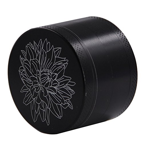 DCOU neue Design Premium Krautmühle mit Siebgrinder haltbare Zamak-Legierung Tabak Mahler Crusher Gewürze Schleifer mit Blumen auf dem Deckel Magnetisch Ø55mm 4-teilig Schwarz - 3