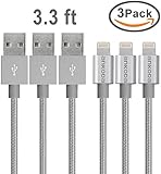 Ankoda&reg; 3Pack 3.3ft/1M Nylon Braided Lightning to USB Cable, Lightning Data Sync & Charge USB Cable for iPhone SE 6S 6S Plus 6 6Plus 5S 5C 5, iPad Air Air 2 mini2 mini3 4th, iPod Nano, iPad Pro and More (Grey)
