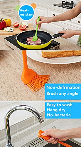 WOSON 5Pcs BBQ Grill Zubehör Set – 4x Silikon Backpinsel / Grillpinsel (21*3.5cm) + 1x Küchenzange / Grillzange aus Edelstahl mit Silikon 27cm für Kochen, Grillen, Backen und Servieren - 6