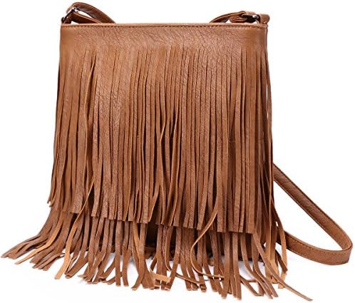 Hozee Womens Coffee Tassel Bag -Cross Body Bag Leather PU Fringe Messenger Shoulder Bag Handbag for Travel School or Daily use
