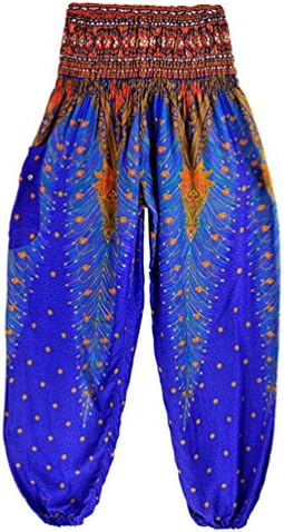 Clemunn Yoga Pants Unisex Thai Harem Trousers Boho Festival Hippy Smock Loose High Waist Cotton Yoga Pants For Women Men (Dark Blue, Free Size)