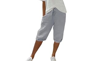 LUNULE Damen Leinenhose Sommer Einfarbig Knielang Kurze Hosen Leicht Und Luftig Leinenhose Locker Strandhose Mit Kordelzug Casual Pants Hohe Taille Caprihose Stoffhose Bequeme Freizeithose Sommerhose