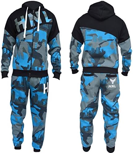 Mens Camouflage HNL Tracksuit Full Zip Hoodie Cuffed Joggers Bottoms Suit Set S M L XL (Turquiose, XL)