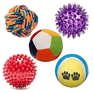 Kiki N Pooch Puppy Ball 5 in 1 Combo - Rattle Ball | Tennis Ball | Squeaky LED Ball | Spike Red Hard Ball | Cotton Ball - for Small Dogs Medium Dogs & Puppies