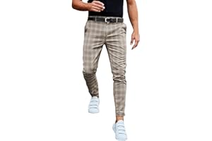 Beokeuioe Pantaloni elasticizzati da uomo, pantaloni chino, slim fit, casual, in tessuto, elegante, regolare, classico, a quadri con chiusura lampo