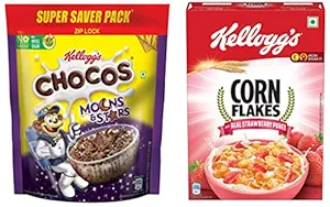 Kelloggs Combo, Kelloggs Chocos Moons and Stars 1.2 kg Pouch and Kelloggs Corn Flakes Real Strawberry Puree, 575g