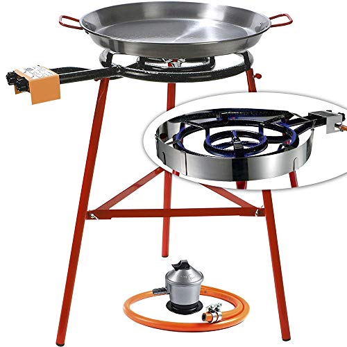 Set paellero 40cm Garcima Bricolemar con paellera 42cm, Soporte Reforzado, regulador, Manguera a Gas y Paravientos Kabra
