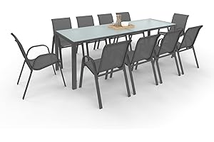 IDMarket - Salon de Jardin Madrid Table 240 CM et 10 chaises empilables Gris Anthracite Plateau Clair