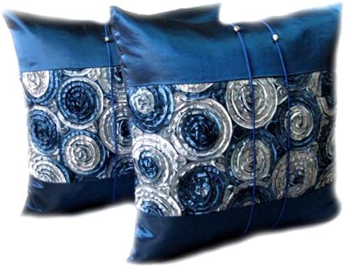 Thaimart Beautiful Flower One pair Blue Cover Pillow Beautiful Flower Throw Cushion Cover/pillow Case Handmade By Satin and Thai Silk for Decorative Sofa, Car and Living Room Size 16 X 16 Inches
