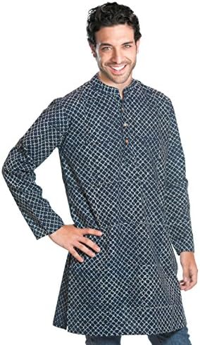 Ufash Kurta Shirt from India, Traditionally Hand-Printed - 100% Cotton, XL, Indigo 5