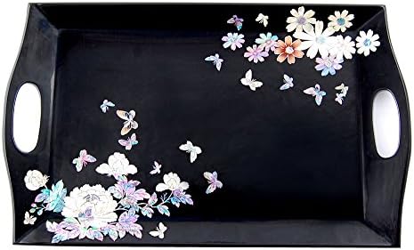 Mother of Pearl Inlay Peony Flower Handmade Rectangular Solid Wooden Tea Coffee Snack Wine Breakfast Dessert Bed Serving Platter Home Decor Decorative Tray with Handle