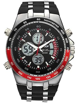JSDDE Herren Armbanduhr Sportuhr Chronograph LCD Digital + Quarz Uhrwerk Kalender 2-Zeitzone 3ATM Multifunktionsuhr...