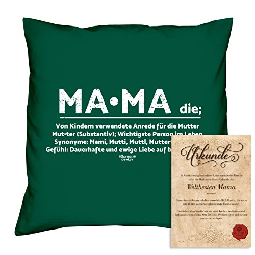 Kissen inkl. Füllung und Urkunde : Mama :: Persönliches und bleibendes Geschenk zum Muttertag : Geschenkidee Muttertagsgeschenk 40×40 Farbe: dunkelgrün - 5