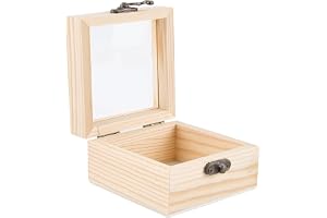 CALFOVERA Fyrkantig trälåda, 8,5 x 8,5 x 5 cm, med glaslock och järnlås. Förvaringslåda för smycken, kreativ fritid, presentf