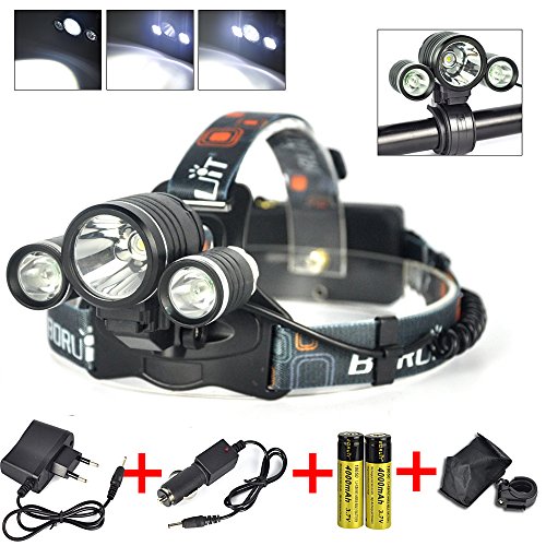 Boruit Sehr Heller Wiederaufladbare , Abnehmbare, Verstellbare & Wasserdichte , 3 Modi 3* T6 LED Kopflampe für Fahrrad Lampe,Camping,Jogging,Wandern,Radfahren,Jagen&Fischen;Paket einschließen 2*18650 Wiederaufladbare Batterien+EU Ladegerät+Auto-Ladegerät