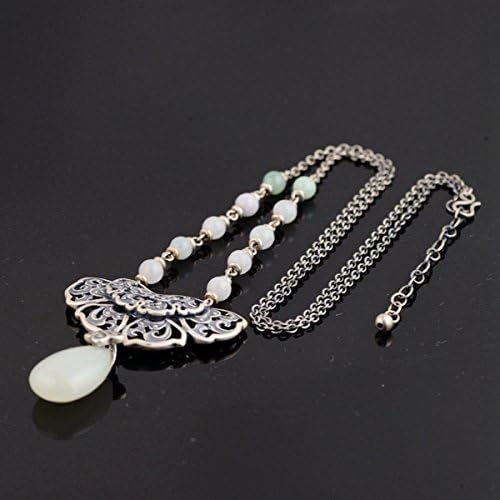 LUXURYDREAM Exquisite Chinese Ethnic Exo Style Silver Made,Natural Gem Inserted Pendant Flower Pattern Necklace Suited For Women Sweater And Working Suit,Best Choice For Birthday Gift And Christmas Present , Silver