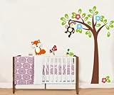WallStickersDecal® Dschungel Wald Tier Affe & Fox auf bunten Baum Wandtattoo Wandaufkleber