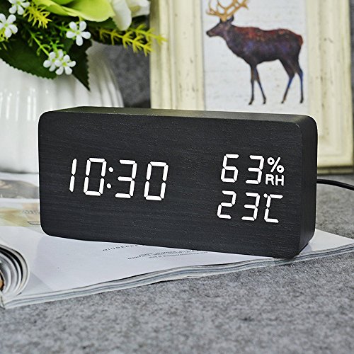 Holz LED-Design Digitaler Wecker, Datum Temperatur und Feuchtigkeitsanzeige, Sound-Sensor Wecker, 3 Stufen LED Helligkeit (Hölzernes Schwarz) - 2
