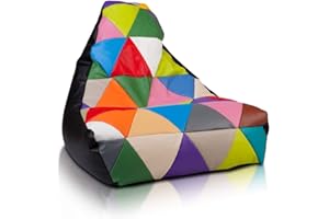 Ecopuf - Pouf Poltrona PATCHWORK Ecopelle KEIKO Taglia M - Puff Poltrona Base Nera da Interno/Esterno - Pouf Sacco Antistrappo Antimacchia - Poltrona Patchwork Imbottitura Polistirolo e Maniglia