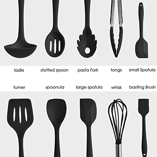 10 Küchenutensilien aus Silikon Sets, Home cookingtools enthält Backen Spoonula, Pinsel, Schneebesen, klein und groß Pfannenwender, Schöpflöffel, Schlitz Turner & Löffel, Zange, Pasta Gabel (Schwarz) - 2