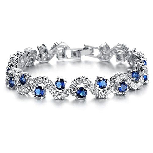 Crystalline Azuria Tennisarmband Armband mit Blauer simulierter Saphir Zirkonia Kristalle 18 kt Weiß Vergoldet für Damen 17 cm