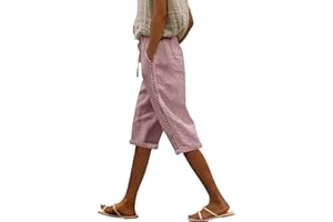 GENERISCH Pantalones de verano para mujer, ligeros, elásticos 3/4, pantalones de ocio para mujer, pierna ancha, cintura alta, pantalones capri holgados, pantalones piratas de algodón, pantalones rasgados con