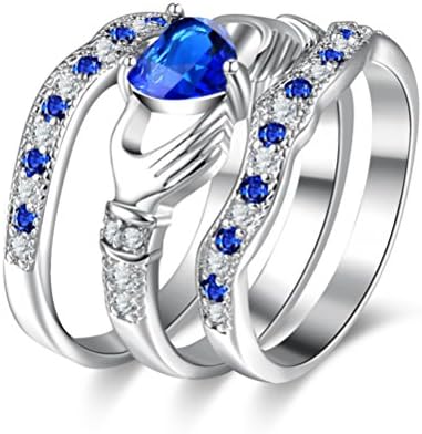 Heart Crystal Angel Wing Wedding Band Engagement Ring Pave Blue White Crystal 3pcs Gift For Women Girl Mother Wife