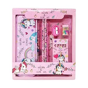 Parteet Giftset with 6 Pencils, 1 Unicorn Metal Pencil Box, 1 Sharpener, 1 Unicorn Eraser (1Pc 8In1 Giftset (Pink))