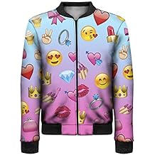 Las mujeres de las niñas Bomber chaqueta recortada Emoji Otoño totalmente impreso corto párrafo con cremallera Varsity – Chaqueta de béisbol multicolor Emoji Girl talla única