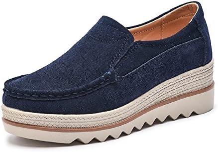 LILY999 Women Platform Slip On Loafers Comfort Suede Moccasins Wide Low Top Wedge Shoes Heel 5cm(Dark Blue,4 UK)