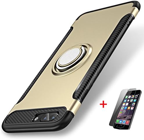 iPhone 8 Plus case, iPhone 7 plus case, Hard PC + Carbon Fiber Hybrid Back Cover Skin For apple iPhone 8 plus iphone 7plus, with Ring Holder, and HD Tempered Glass Screen Protector(green for iphone 7/8 plus)