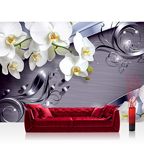 Vlies Fototapete 400x280 cm PREMIUM PLUS Wand Foto Tapete Wand Bild Vliestapete - Orchideen Tapete Ornament Orchidee Blüte Blume lila - no. 604