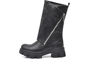 IF Fashion Scarpe Stivali da Donna Al Polpaccio Largo Biker Motociclista Con Zip Platform Anfibi 881