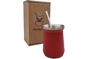 MateyCo Mate argentino con bombilla 236 ml - Kit mate argentino doble pared de acero inoxidable- Set mate argentina (Rojo)