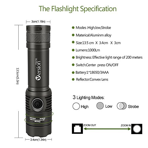 Taschenlampe VersionTech Einstellbare LED Handlampe, 18650 Akku, 1000 Lumen, 200m Effektiv Licht Reichweite, Wiederaufladbar Tragbar, Optimal für Haushalt, Camping, Angeln, Garage, Notfall, Stromausfall, Outdoor - 7