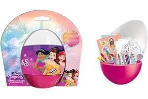 MARTA DA LEGARE Principesse Disney Uovo Sorpresa per Bambini,Uovo Idea Regalo con 10 Disegni da Colorare,3 Colori, 3 Pennarelli,2 Fogli Adesivi,Gomma, Temperamatite,Timbrino,Matita,20x20x10 cm.,Idea Regalo