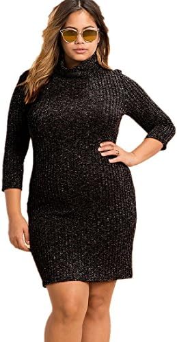 Knitted Sweater Dress, MoliPeony Womens Roll Neck Knitted Dress Long Sleeve Sweater Plus Size Jumper Sweater Pullover Winter Mini Dress Tunic Dress UK16-22 (2XL(UK14), Black)