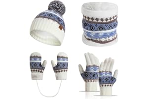 Yoolhamy Juego de gorro, bufanda y guantes para niñas y niños, gorro de invierno, calentador de cuello, forro polar suave y grueso, gorro elástico con pompón para niños, Navidad y deportes al aire