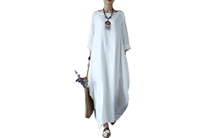 BOTCAM Abito da donna in cotone a maniche lunghe, maxi abito in lino con tasche, scollo a V, con pieghe, a strati, stile boho, casual, retrò, caftano, largo, oversize, comodo