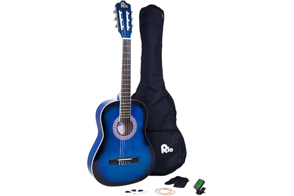 Rio Guitare classique 3/4 Blue pour enfants débutants – Convient pour les enfants de 9 à 12 ans – Comprend un sac, une sangle, des médiators