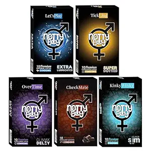 NOTTY BOY Family Pack Condom For Men and Women- Long Lasting, Extra Lubricated, Plain, Ultra Thin, Dotted and Chocolate Flavoured Condoms - (5x10s)