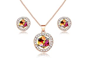 Uloveido Frauen Rose Gold überzogene quadratische Würfel-Kristallhalskette, Legierungs-Kreis-runde hängende Halskette und Bolzen-Ohrringe eingestellt Y453