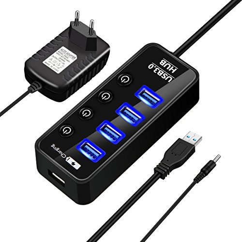 4 Port USB 3.0 Hub, ELEGIANT High Speed Switch USB 3.0 Datenhub 4 Port Hub Adapter Verteiler Datenübertragung Power mit mit 1 Ladeport(Max 2.4A) und 4 Schaltern 5Gbps Data Transfer Ports Splitter AC Power Adapter für Win7/8/10 PC Mac Macbook Laptop Notebook Windows MAC iPhone, iPad, Samsung, Motorola, HTC und andere USB 3.0 kompatiblen Geräten (mit Netzteil)