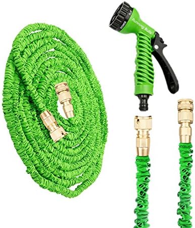 100ft Expanding Garden Hose Pipe - Running Bulls Solid Brass Hose Fittings with 7 Function Spray Gun-Stronger Double Latex Inner Tube Prevent Leaking Strongest Expandable Solid Brass Garden Hose with Extra Strength Fabric