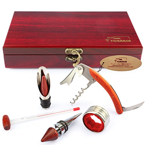 yobansa 3 in 1 Kellner-Korkenzieher, 5 Stück Wein Zubehör Set, Flaschenöffner, Wein Stopper, Wein Ausgießer, Wein Ring und Thermometer-Set in Holzbox Reddish Box M5pcs - 6
