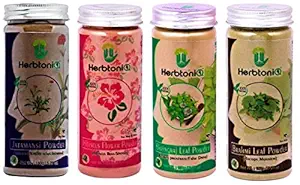 HerbtoniQ 100% Natural Jatamansi Powder 150g, Hibiscus Flower Powder 150g, Bhringraj Leaf Powder 150g, Brahmi Leaf Powder 150g For Hair Treatment Pack (Pack Of 4, 600g)