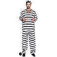 Mens Black and White Prisoner Convict Robber Burglar Fancy Dress Costume Outfit - U00309